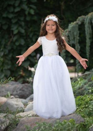 White Lace Tulle Flower Girl Dress With Rhinestone Sash